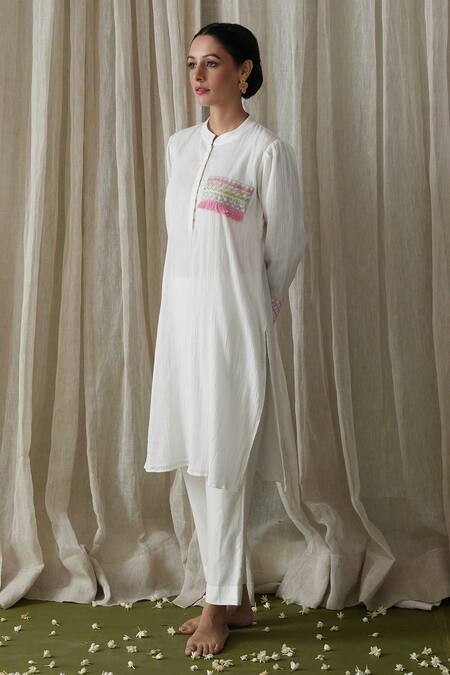 Kanika Sharma_White Crepe, Cotton, Modal Embroidery Bandeau Neck Crinkled Kurta And Pant Set _Online_at_Aza_Fashions