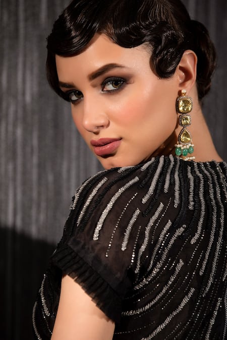 Shilpi Gupta_Black Net, Silk Organza Sequins, Cut Work Hand Embroidered Blouse And Lehenga Set _Online_at_Aza_Fashions