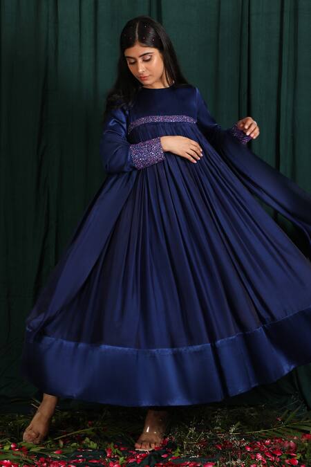 The Aarya Blue Silk, Maheshwari Embroidery, Beads Round Neck Tabby Pleated Anarkali Set Online at Aza Fashions The Aarya_Blue Silk, Maheshwari Embroidery, Beads Round Neck Tabby Pleated Anarkali Set_Online_at_Aza_Fashions