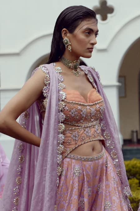 Moledro_Purple Bustier Chanderi Brocade, Cape Silver Tissue, Zaina Embroidered Set_Online_at_Aza_Fashions