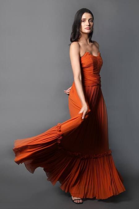 Swatee Singh Orange Georgette Bandeau Neck Pleated Hem Corset Gown Online at Aza Fashions Swatee Singh_Orange Georgette Bandeau Neck Pleated Hem Corset Gown _Online_at_Aza_Fashions