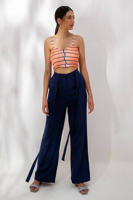 Kritika Madan Label_Blue Papaya Twill Printed Stripes Blazer Shawl Collar Tassel Pant Set_Online_at_Aza_Fashions