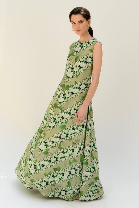 Buy_Sanam_Green Silk Embroidery Round Neck Chevron Floral Pattern Gown _Online_at_Aza_Fashions