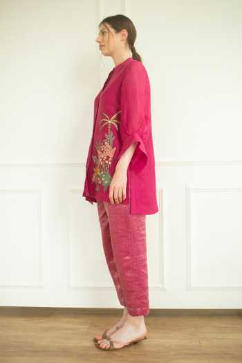 Oja_Pink Pant  , Tunic  Linen Embroidered And Set _Online_at_Aza_Fashions