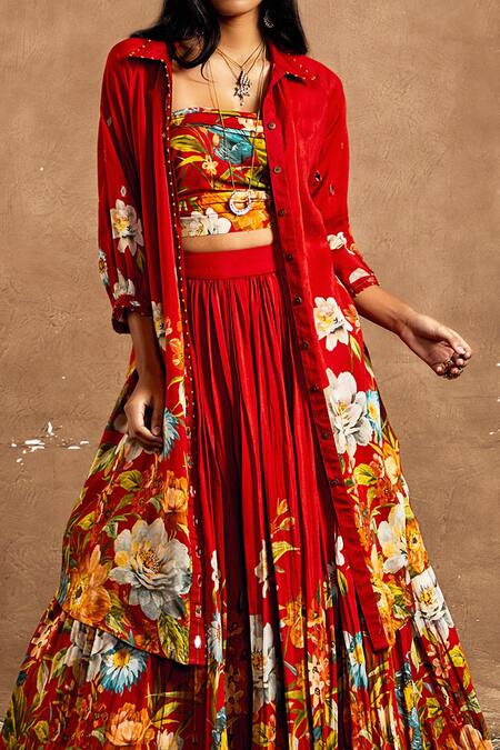 Label Kinjal Modi_Red Silk Embroidery Square Neck, Collared Floral Pattern Jacket Lehenga Set_Online_at_Aza_Fashions
