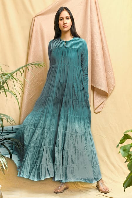 Chambray & CO. Blue Cotton Embroidery Round Neck Ombre Flowy Dress Online at Aza Fashions Chambray & CO._Blue Cotton Embroidery Round Neck Ombre Flowy Dress _Online_at_Aza_Fashions
