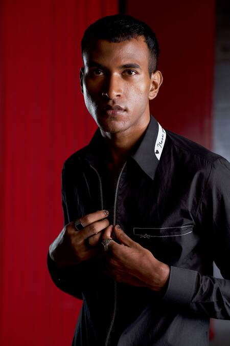 Pocketful Of Cherrie_Black Cotton Embroidery Thread Collar Shirt_Online_at_Aza_Fashions