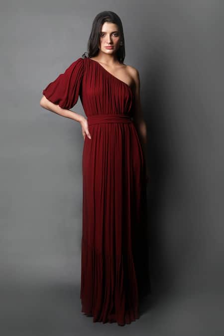 Swatee Singh_Maroon Georgette One Shoulder Pleated Hem Gown _Online_at_Aza_Fashions