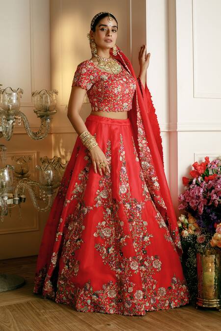 Shop_Nehha Nhata_Red Organza Embroidery Square Neck Floral Thread Bridal Lehenga Set _Online_at_Aza_Fashions