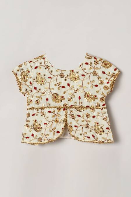 Byb Premium_Red Silk, Brocade Embroidery, Sequins Blouse Skirt Set_Online_at_Aza_Fashions