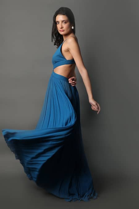 Swatee Singh Blue Georgette Plunge Neck Strappy Sleeve Pleated Gown Online at Aza Fashions Swatee Singh_Blue Georgette Plunge Neck Strappy Sleeve Pleated Gown _Online_at_Aza_Fashions