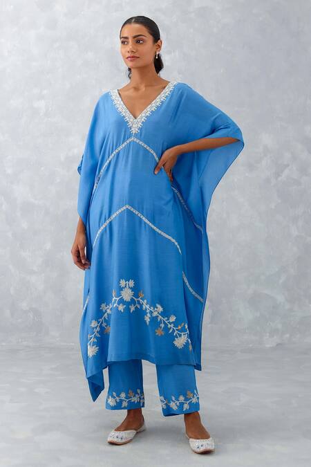 Devnaagri_Blue Muslin Embroidery V-neck Floral Kaftan And Pant Set _Online_at_Aza_Fashions