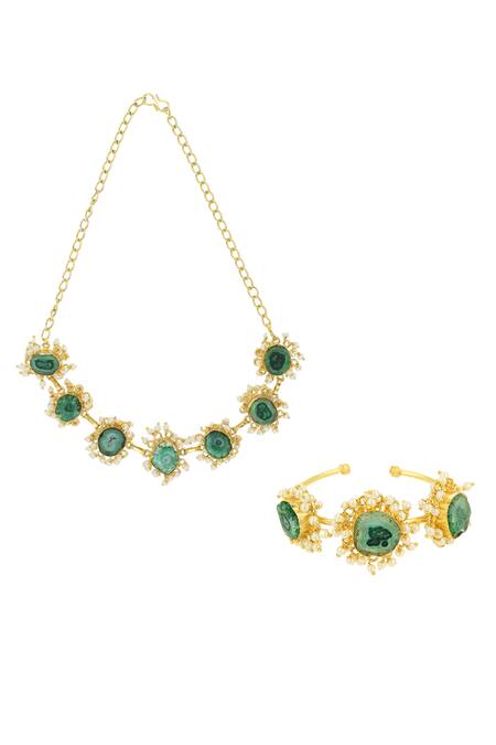 Ishhaara Green Pearls, Stones Embellished Necklace Set Online at Aza Fashions Ishhaara_Green Pearls, Stones Embellished Necklace Set _Online_at_Aza_Fashions