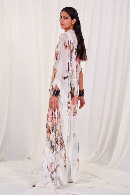 AK-OK White Silk Embroidery Round Neck Top And Trouser Set With Floral Print Kaftan Online at Aza Fashions AK-OK_White Silk Embroidery Round Neck Top And Trouser Set With Floral Print Kaftan _Online_at_Aza_Fashions