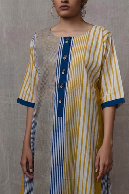 Shop Banana Labs Blue Cotton Stripe Round Printed Straight Kurta Set With Shrug Online at Aza Fashions Shop_Banana Labs_Blue Cotton Stripe Round Printed Straight Kurta Set With Shrug _Online_at_Aza_Fashions