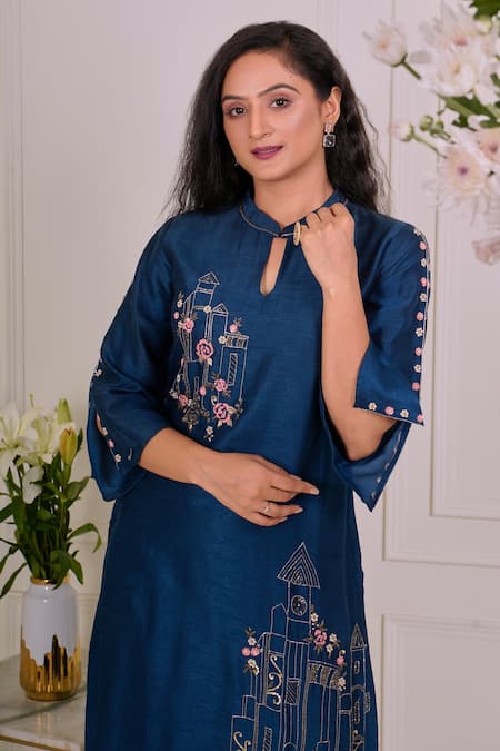 Geetika Jain_Blue Silk, Viscose, Organza Cut Work, Sequins, Disney Castle Inspired Kurta Set _Online_at_Aza_Fashions