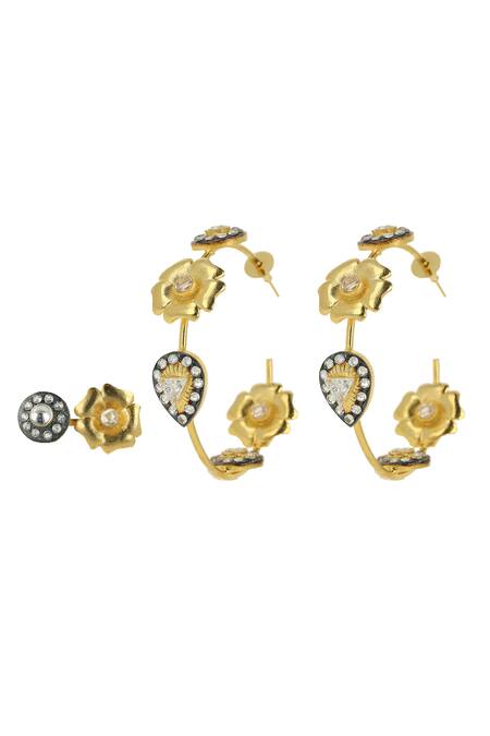 Ishhaara_Gold Plated Crystals, Stones Floral Hoop Earrings And Ring Set _Online_at_Aza_Fashions