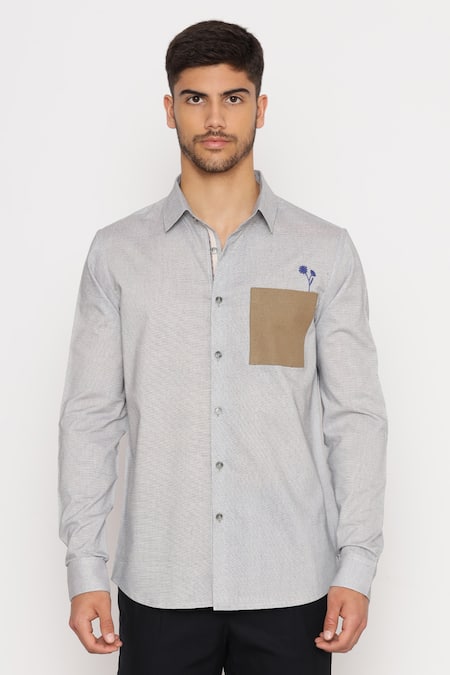 Lacquer Embassy_Grey Cotton Embroidery Plowden Textured Shirt _Online_at_Aza_Fashions