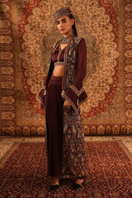 Aditi Gupta_Wine Satin Woven And Embroidered Jamawar Pattern Kashida Draped Skirt Set _Online_at_Aza_Fashions