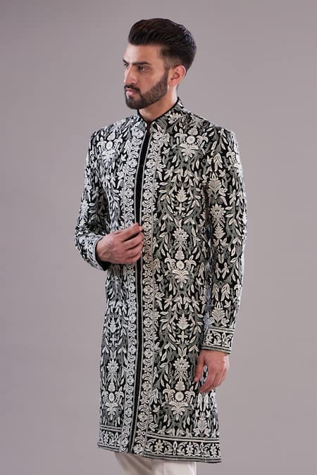 Kasbah_Black Velvet, Cotton Embroidery Thread Sherwani _Online_at_Aza_Fashions