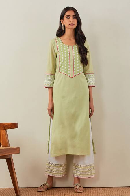 Buy The Indian Cause Green Cotton Embroidery Chikankari Round Rooh Straight Kurta Set Online at Aza Fashions Buy_The Indian Cause_Green Cotton Embroidery Chikankari Round Rooh Straight Kurta Set_Online_at_Aza_Fashions
