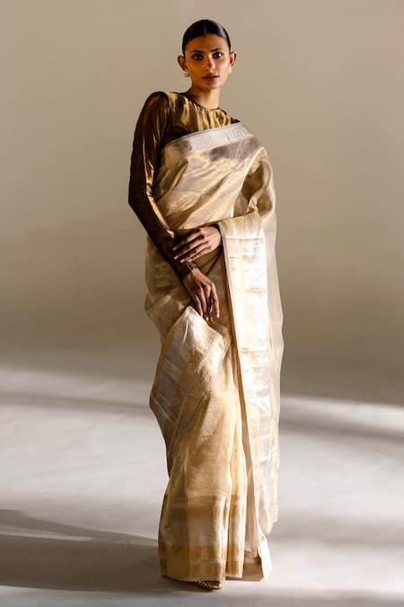 Mimamsaa_Green Tissue Silk Round Chanel Full Sleeve Blouse_Online_at_Aza_Fashions