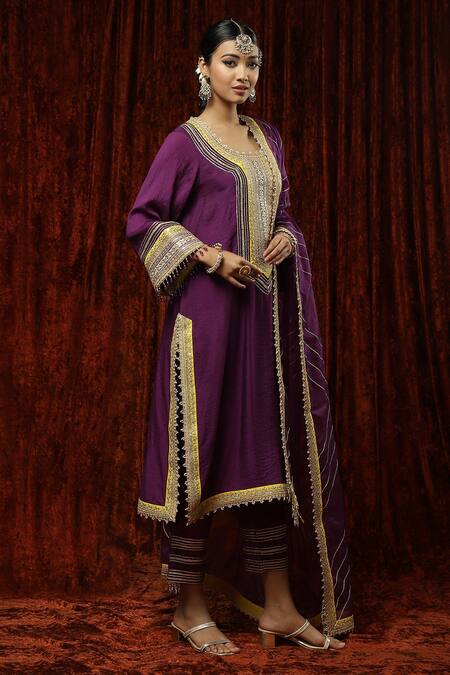 Shikhar Sharma Purple Silk Chanderi Embroidered Pearl Round Neck Kurta Pant Set Online at Aza Fashions Shikhar Sharma_Purple Silk Chanderi Embroidered Pearl Round Neck Kurta Pant Set _Online_at_Aza_Fashions