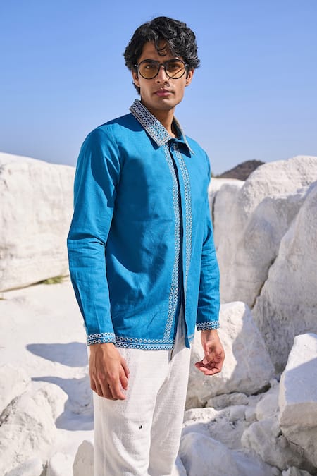 Dash and Dot_Blue 100% Organic Cotton Embroidery Cross Stitch Placket Shirt _Online_at_Aza_Fashions