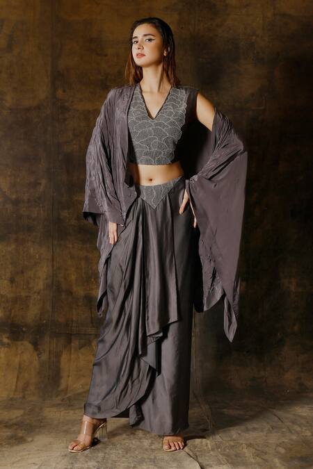 Eclat By Prerika Jalan_Grey Modal, Crepe, Silk, Satin Beads V-neck Asymmetric Cape And Draped Skirt Set _Online_at_Aza_Fashions
