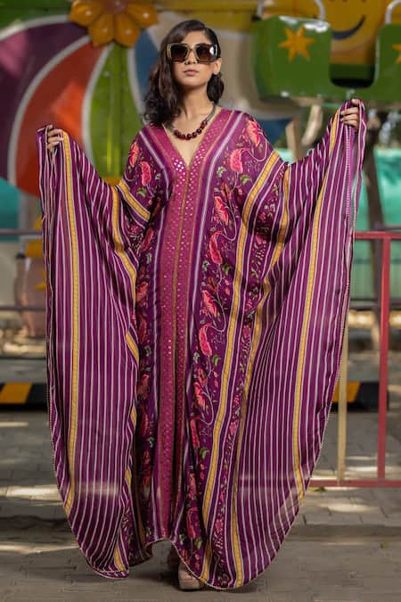 Irrau by Samir Mantri_Multi Color Chiffon, Crepe Beads, Sequins V-neck Floral Stripe Print Kaftan _Online_at_Aza_Fashions