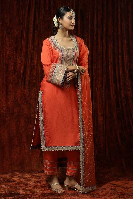 Shikhar Sharma_Orange Silk Chanderi Embroidered Pearl Round Kurta Pant Set _Online_at_Aza_Fashions