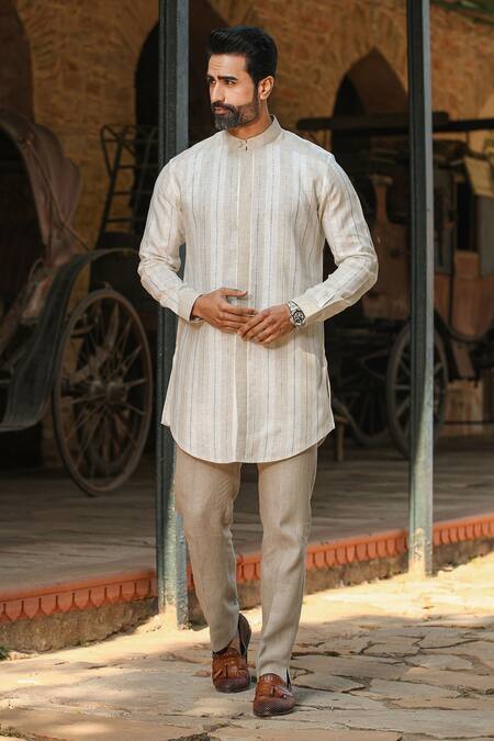 Raw & Rustic By Niti Bothra_Beige 60 Lea, European Flax Certified Pure Linen Striped Short Kurta_Online_at_Aza_Fashions