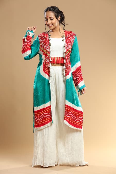 Etasha by Asha Jain_Red Gajji Silk Embellished Bandhani Jacket Front Open And Palazzo Set _Online_at_Aza_Fashions