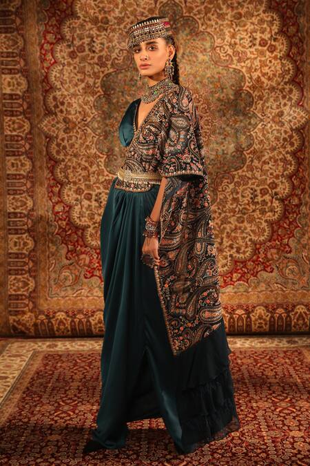 Aditi Gupta_Green Satin Woven And Embroidered Jamawar Pallu Pre-draped Saree With Blouse _Online_at_Aza_Fashions