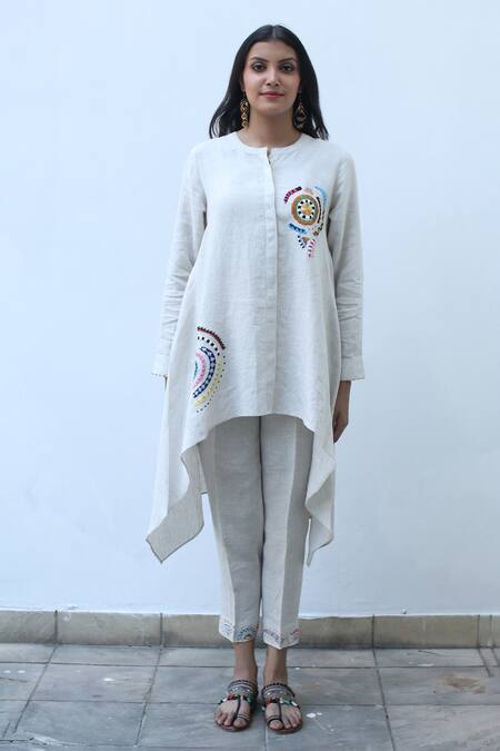 Linen Bloom_Beige Linen Embroidery Round Neck High Low Hem Tunic _Online_at_Aza_Fashions