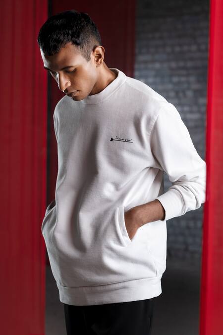 Pocketful Of Cherrie_White Jersey Embroidery Placement Thread Sweatshirt_Online_at_Aza_Fashions