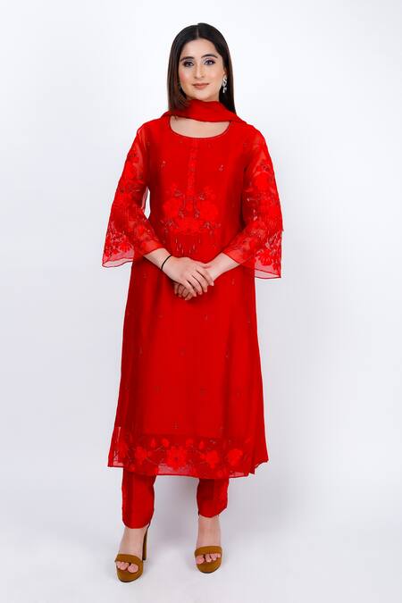 Geetika Jain_Red Organza, Cut Work, Sequins, Embroidery Round Resham Kurta Set _Online_at_Aza_Fashions
