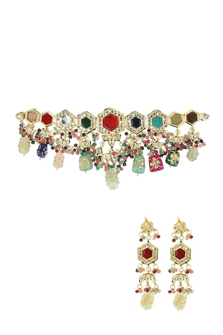 Ishhaara Multi Color Stones Gold Navratna Choker Set 