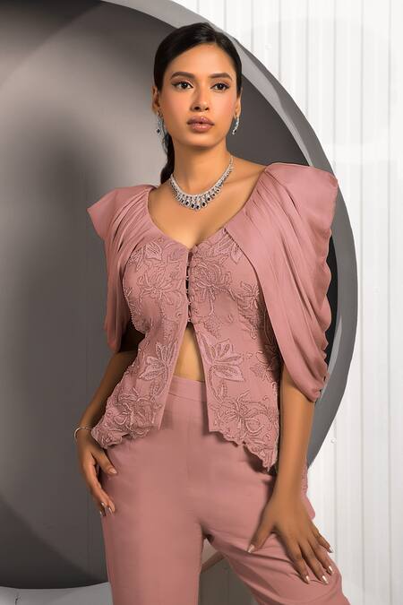 Jade By Ashima Brown Crepe Embroidery Chrysanthemum Floral Jacket And Bell Bottoms Pant Set Online at Aza Fashions Jade By Ashima_Brown Crepe Embroidery Chrysanthemum Floral Jacket And Bell Bottoms Pant Set _Online_at_Aza_Fashions