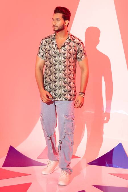 Esha L Amin Multi Color Viscose Collared Triangle Printed Shirt Online at Aza Fashions Esha L Amin_Multi Color Viscose Collared Triangle Printed Shirt _Online_at_Aza_Fashions