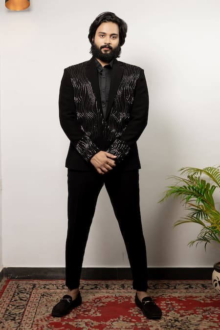 Hilo Design_Black Imported Suiting Embroidery Cutdana Alish Blazer _Online_at_Aza_Fashions