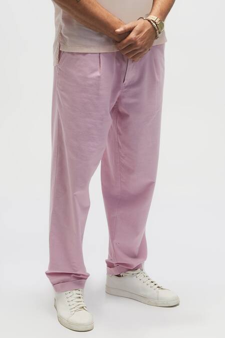 Terra Luna Pink 100% Organic Handloom Oxford Cotton Solid Pleated Pant Online at Aza Fashions Terra Luna_Pink 100% Organic Handloom Oxford Cotton Solid Pleated Pant _Online_at_Aza_Fashions