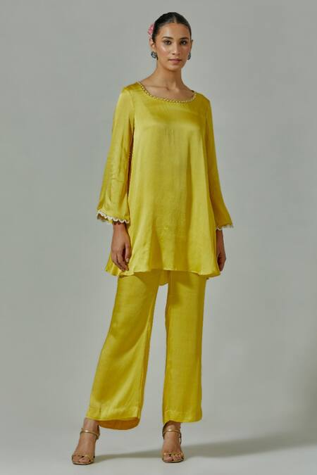 House Of TA-YA_Yellow Modal, Net, Satin Cut Work, Beads, Embroidered Kurta Straight Pant Set _Online_at_Aza_Fashions