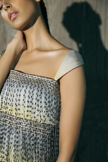 Akhl_Yellow 100% Viscose Chiffon Embroidered Square Neck Gown _Online_at_Aza_Fashions