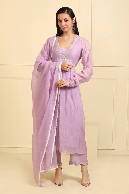 Buy_Neha Khullar_Purple Silk, Cotton, Embroidery Neckline Kurta Pant Set _Online_at_Aza_Fashions
