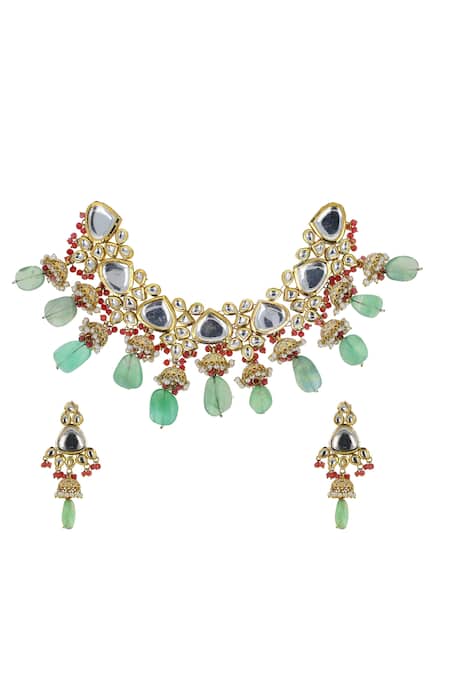 Ishhaara_Multi Color Diamonds, Beads Stone Embellished Choker Set _Online_at_Aza_Fashions