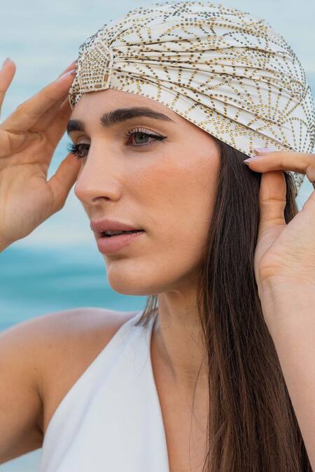 Hair Drama CO_Off White Rhinestone Embellished Turban _Online_at_Aza_Fashions