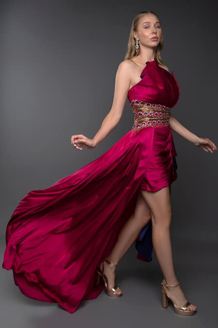 Anjum Qureshi_Fuchsia Satin Hand Embroidered Thread Tube Neck Structured Cowl Gown _Online_at_Aza_Fashions