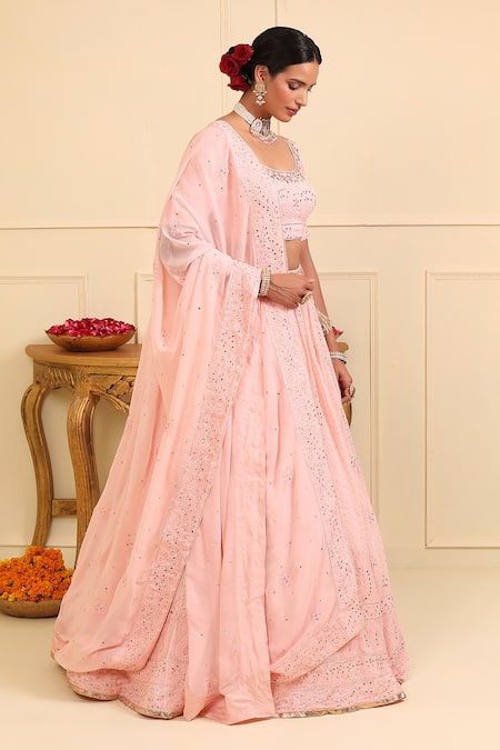 Esha Koul_Yellow Georgette, Crepe Embroidery, Sequins Round Neck Chikankari Lehenga Set _Online_at_Aza_Fashions