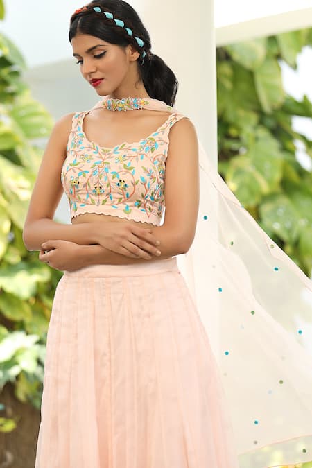 Tarini Vij_Peach Blouse Satin, Lehenga And Dupatta - Silk Organza Flower Embroidered & Set _Online_at_Aza_Fashions